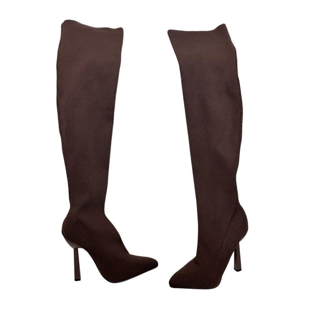 Size 7.5 Festival Dark Brown Pointy Toe Knee High Heel Knit Expandable Calf Boot